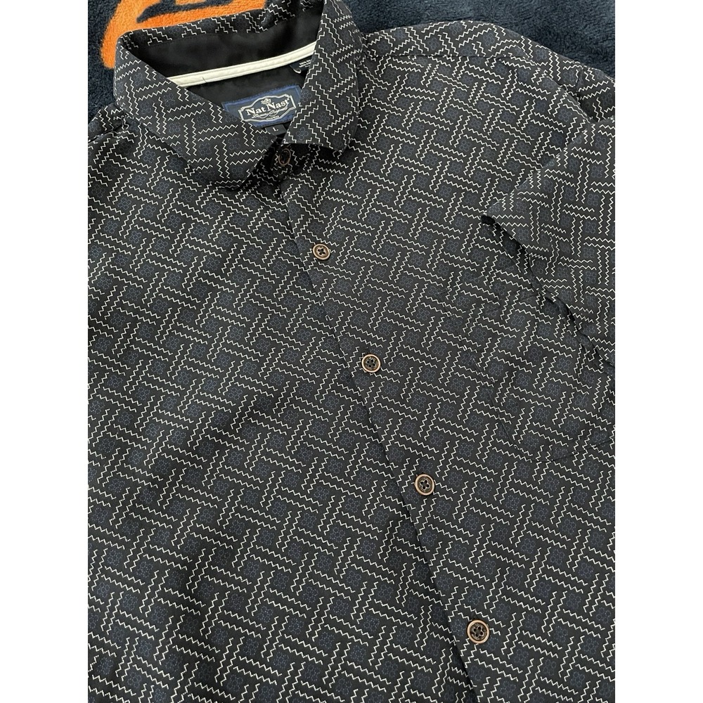Nat Nast Luxury Originals Men's L Black Silk Shirt Geometric Zigzag Short Sleeve